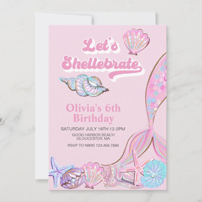 Invitation Shellebrate Seashell et sirène Anniversaire (Devant)