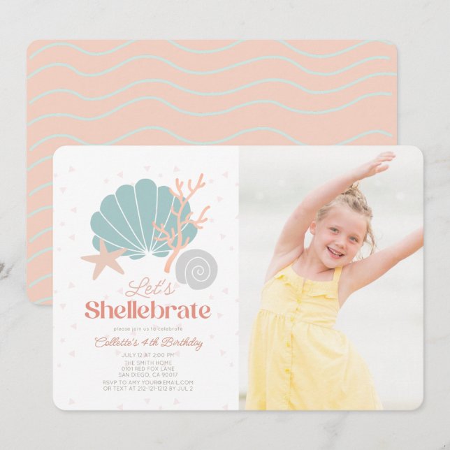 Invitation Shellebrate Seashell Retro Pink Photo Anniversaire (Devant / Derrière)