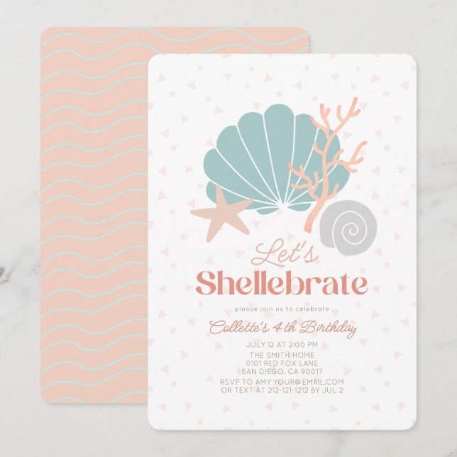 Invitation Shellebrate Seashell Retro Rose Girl Anniversaire (Devant / Derrière)