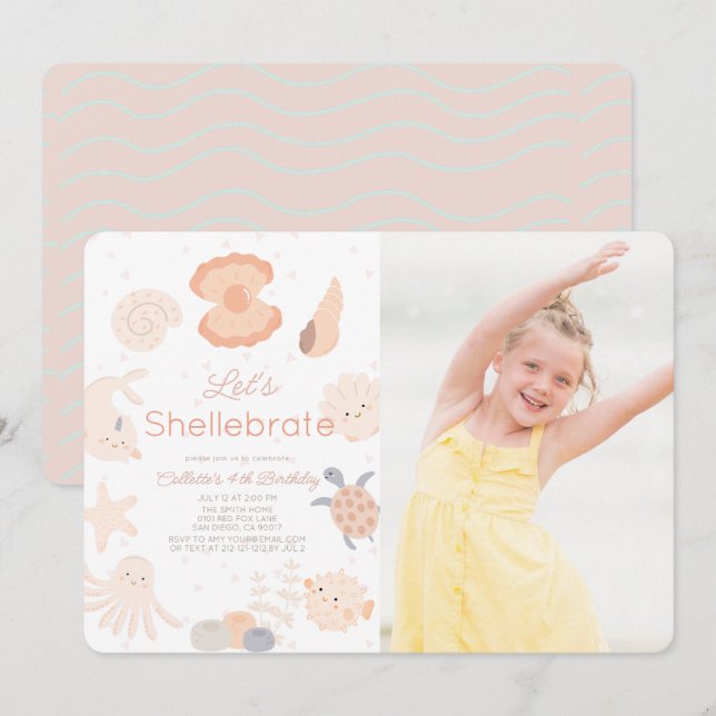 Invitation Shellebré Coquillage rose photo d'anniversaire (Devant / Derrière)