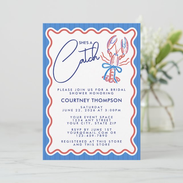 Invitation She's A Catch Coastal Lobster Bridal Shower (Debout devant)