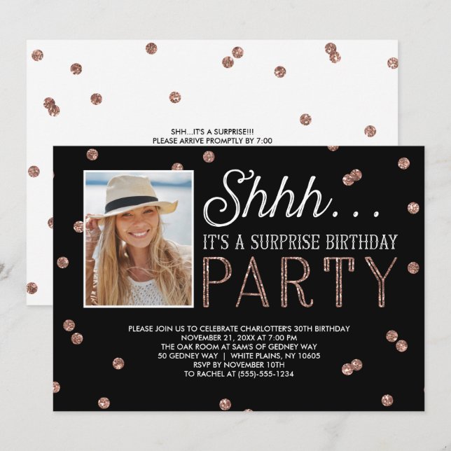 Invitation Shh Surprise Anniversaire Party Parties scintillan (Devant / Derrière)