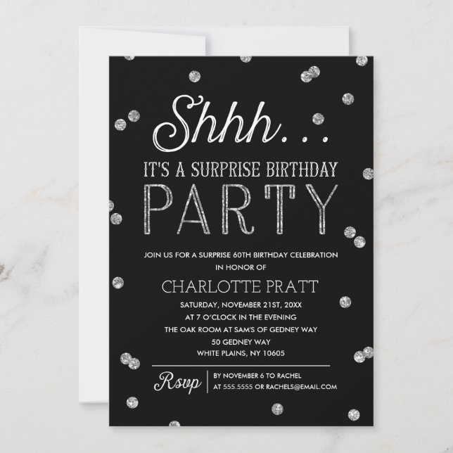 Invitation Shh Surprise fête d'anniversaire Faux Parties scin (Devant)