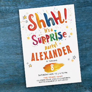 Invitation Shh Surprise Fun coloré Anniversaire coloré