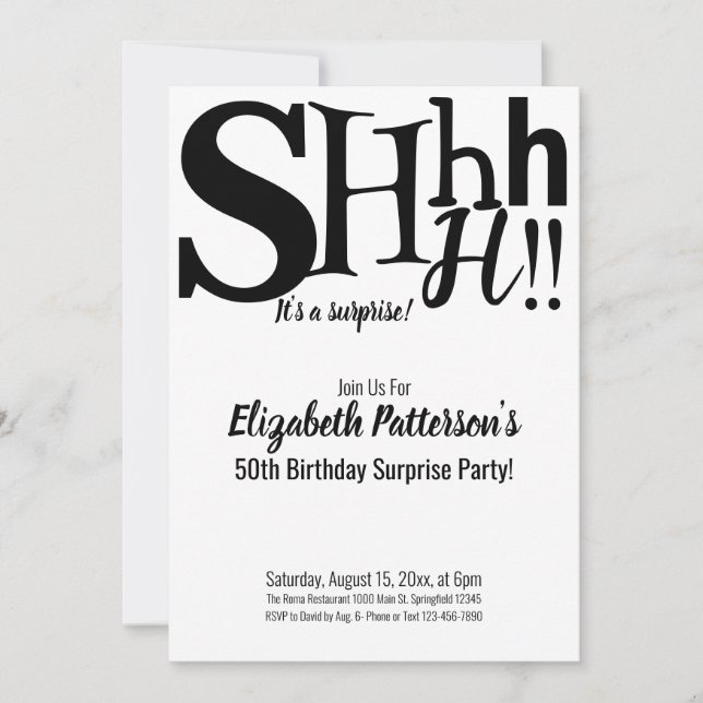 Invitation Shhh C'est une surprise fête d'anniversaire Adulte (Devant)