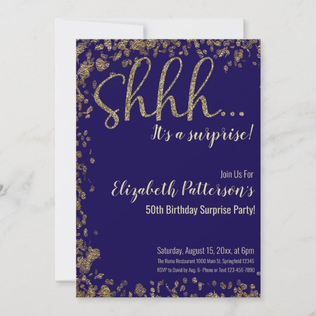 Invitation Shhh C'est une surprise fête d'anniversaire Gold A (Devant)