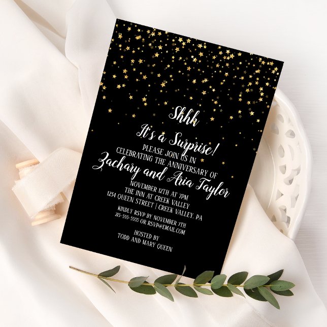 Invitation Shhh C'est une surprise Gold Confetti sur Black Pa (Créateur téléchargé)