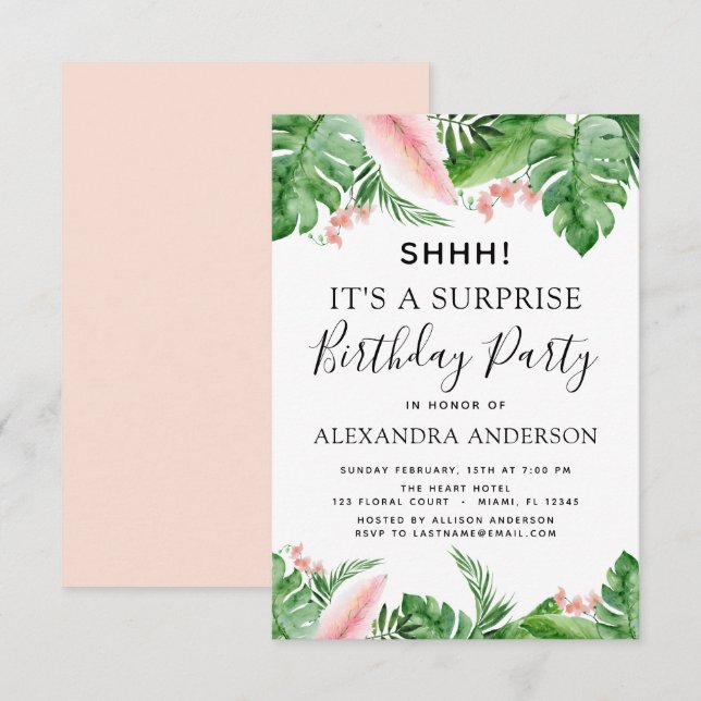 Invitation Shhh Surprise Anniversaire Fête Tropical Palm Flor (Devant / Derrière)