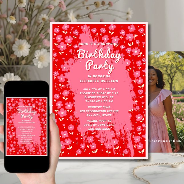 Invitation Shhh Surprise fête d'anniversaire Preppy Fleurs ro (Créateur téléchargé)
