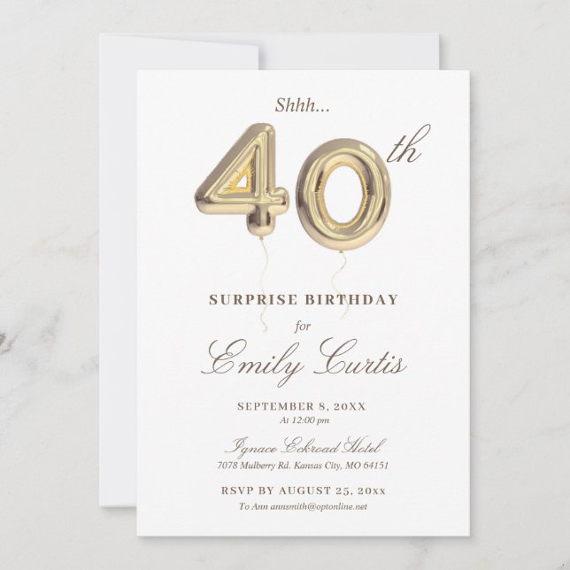 Invitation Shhh Surprise fête du 40e anniversaire (Devant)