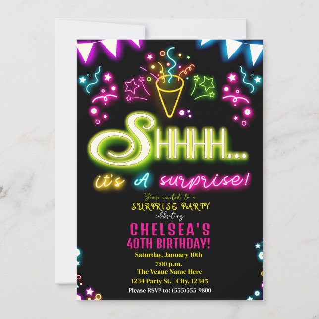 Invitation Shhhh C'est une fête surprise Neon Confetti Annive (Devant)