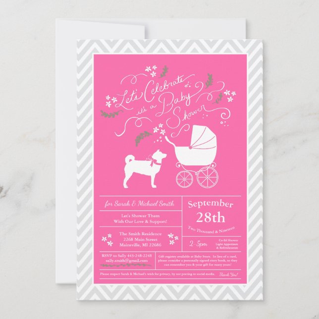 Invitation Shiba Inu Chien Baby shower fille rose (Devant)
