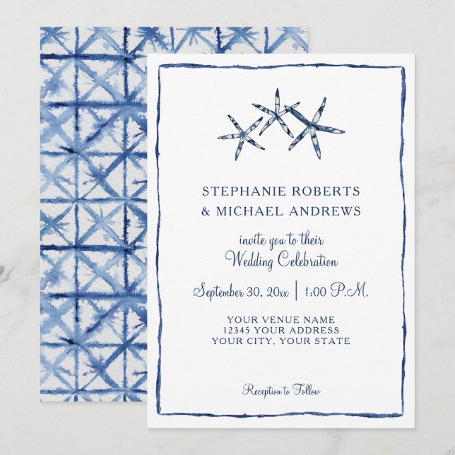 Invitation Shibori Tie Dye Indigo Aquarelle Starfish Beach (Devant / Derrière)