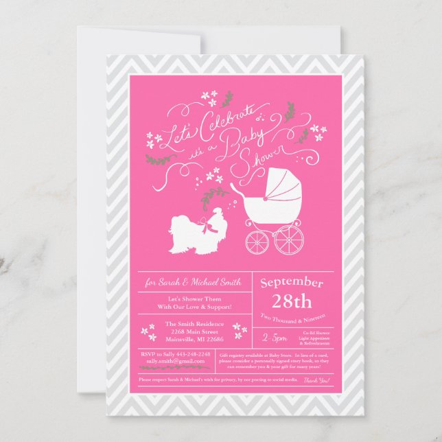 Invitation Shih Tzu Chien Baby shower Rose Girl (Devant)