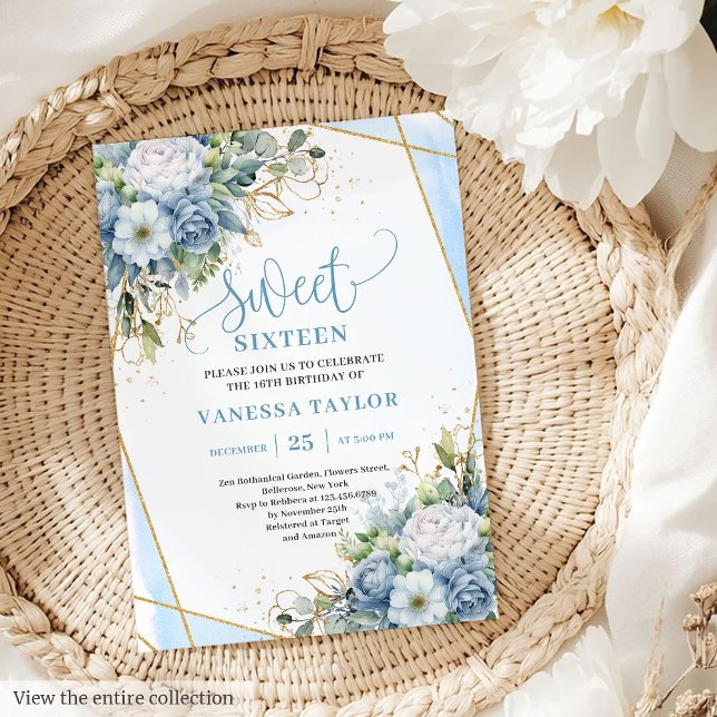 Invitation Shimmer Dusty Bleu Bleu Peonies Douce 16 Invitatio (Shimmer Dusty Blue White Peonies Sweet 16 Invitation)
