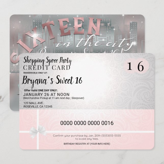 Invitation Shopping rose pâle Ville Limo Sweet 16 Party (Devant / Derrière)