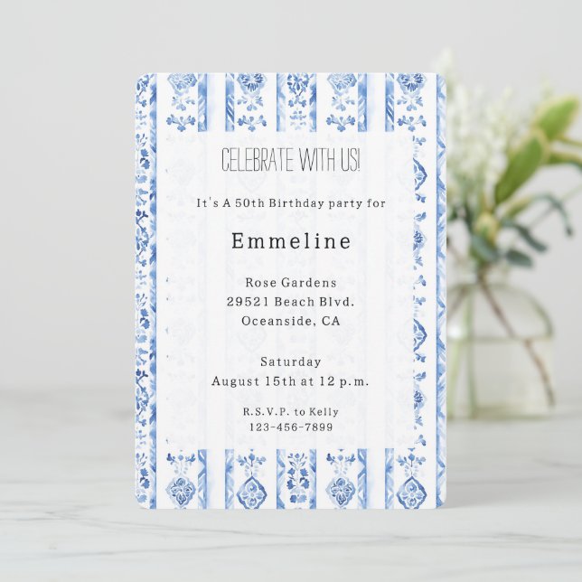 Invitation Sicily Italian Rustic Blue Stripes Birthday (Debout devant)