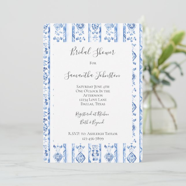 Invitation Sicily Italian Rustic Blue Stripes Bridal Shower (Debout devant)