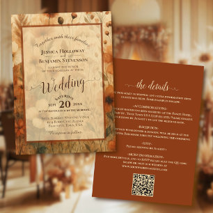 Invitation Sienne Bohème Floral Calligraphie & Code QR Mariag