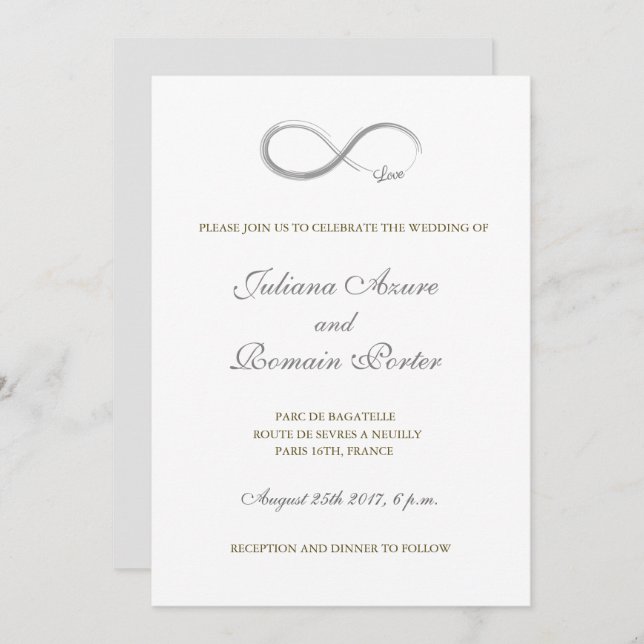 Invitation Signal d'infini unique mariage blanc or gris (Devant / Derrière)