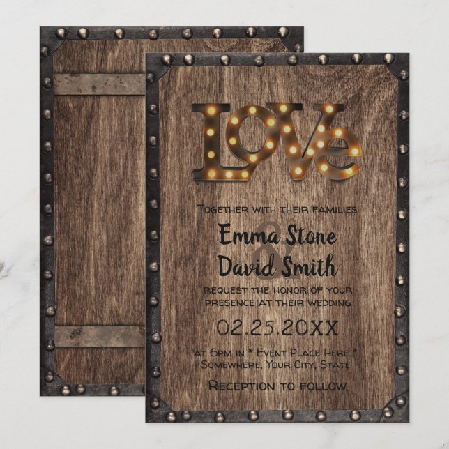 Invitation SIGNE D'AMOUR Rustique Mariage Industriel Métal &  (Devant / Derrière)