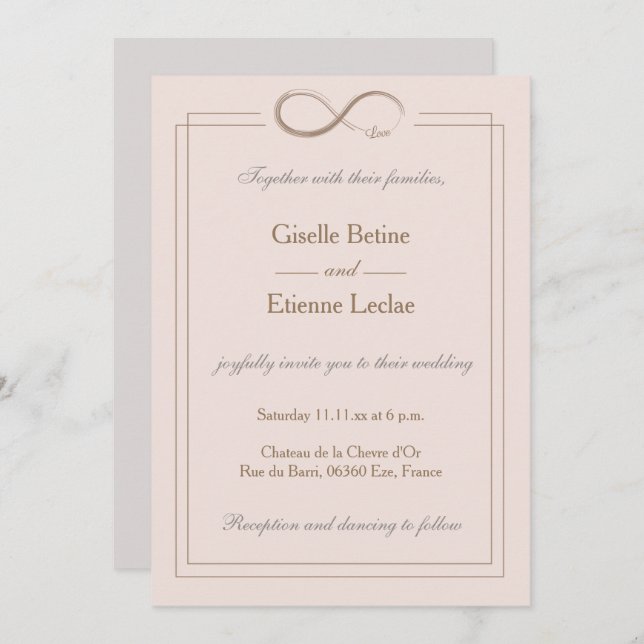 Invitation Signe d'infini Élégant Mariage rose rose gris or (Devant / Derrière)