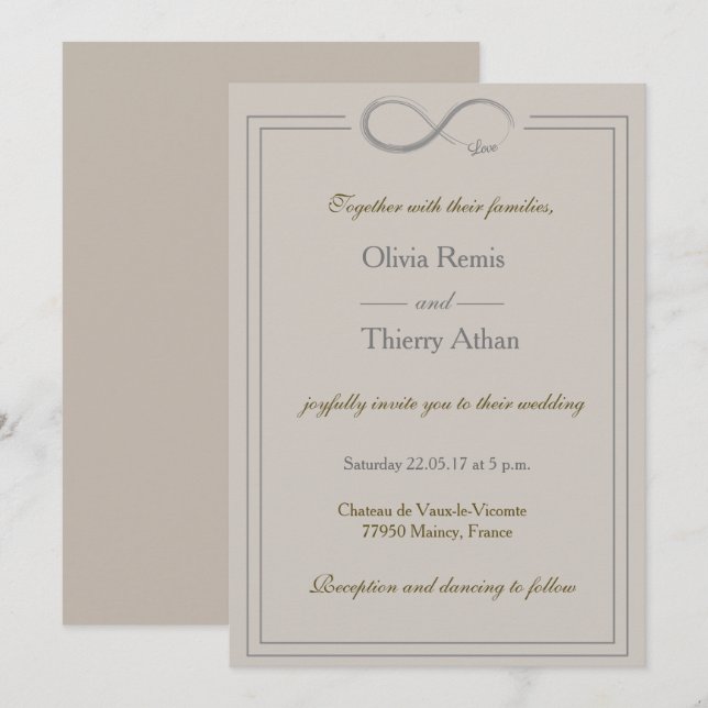 Invitation signe d'infini unique taupe gris or mariage (Devant / Derrière)