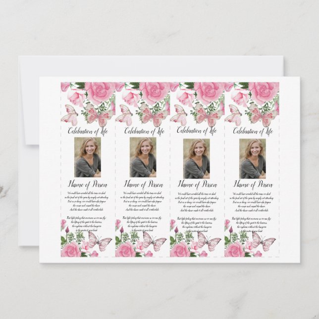 Invitation Signets roses d'enterrement de papillons de roses (Devant)