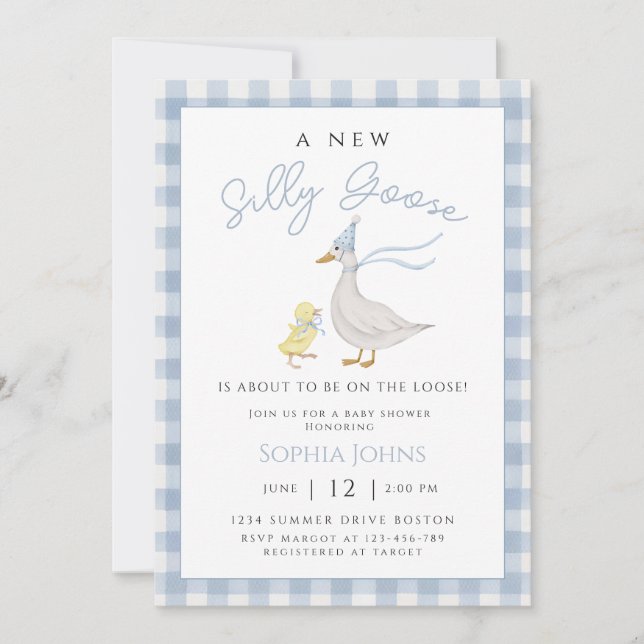 Invitation Silencieux Goose Blue En vichy Bow Duck Boy Baby s (Devant)