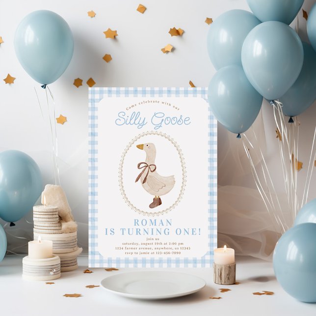Invitation Silencieux Goose Blue En vichy Garçon Anniversaire (Créateur téléchargé)