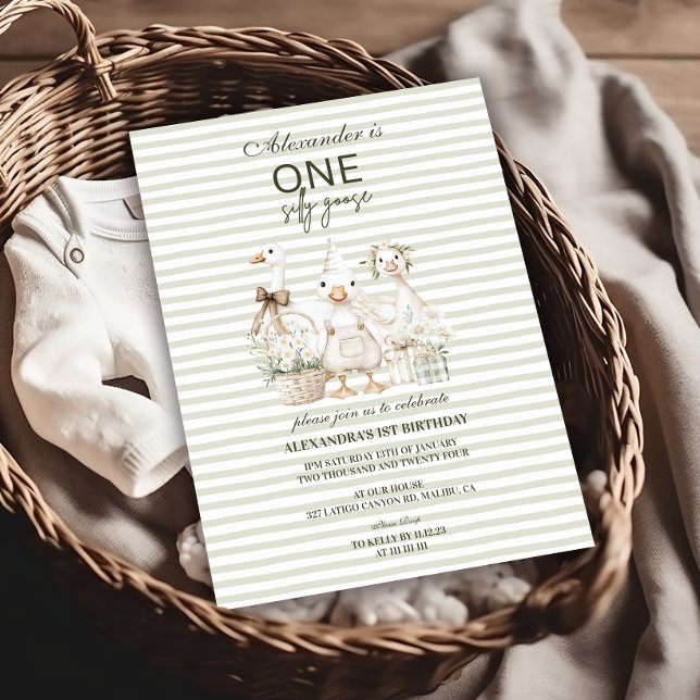 Invitation Silencieux Oie 1er Anniversaire Green Stripes (Créateur téléchargé)
