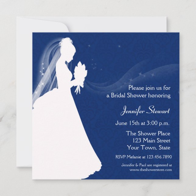 Invitation Silhouette de jeune mariée, bleu marine, (Devant)