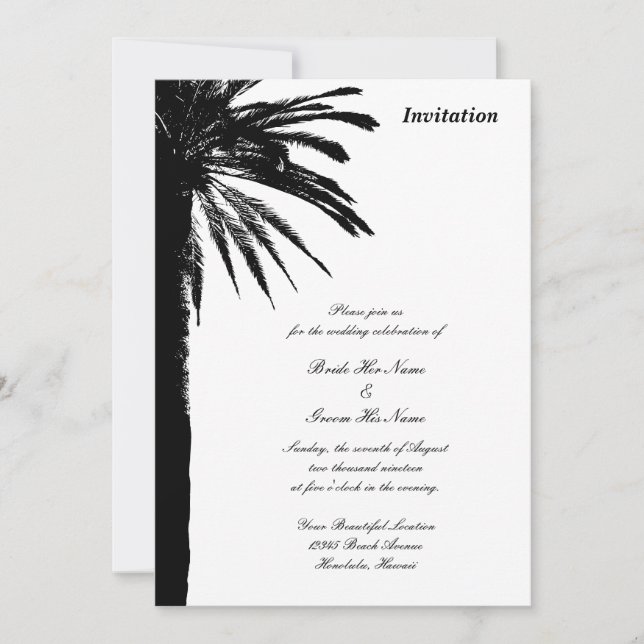 Invitation Silhouette de palmier noir tropical mariage plage (Devant)