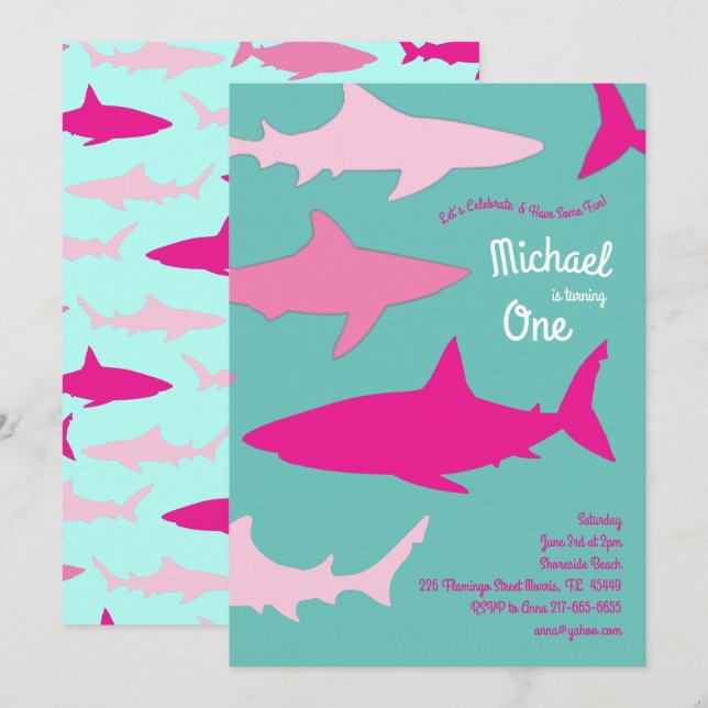 Invitation Silhouette de requin Cute Enfants 1er anniversaire (Devant / Derrière)