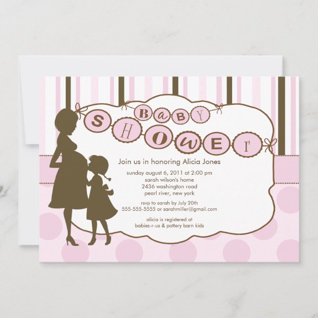 Invitation Silhouette Maman Baby shower bébé fille rose (Devant)