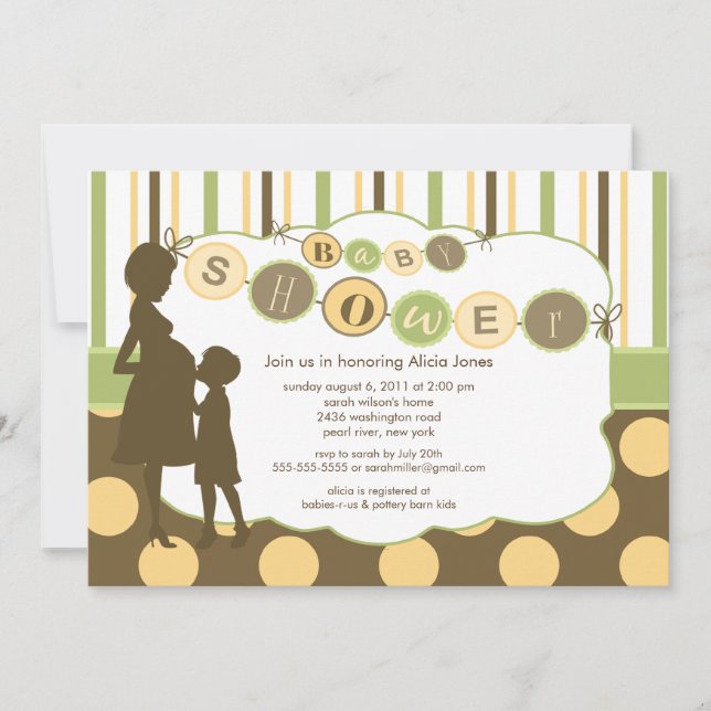 Invitation Silhouette Maman Baby shower Bébé Vert jaune Brown (Devant)
