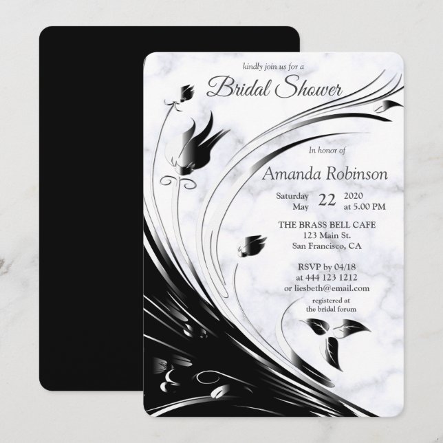Invitation Silhouette noire moderne élégante sur Marbre blanc (Devant / Derrière)
