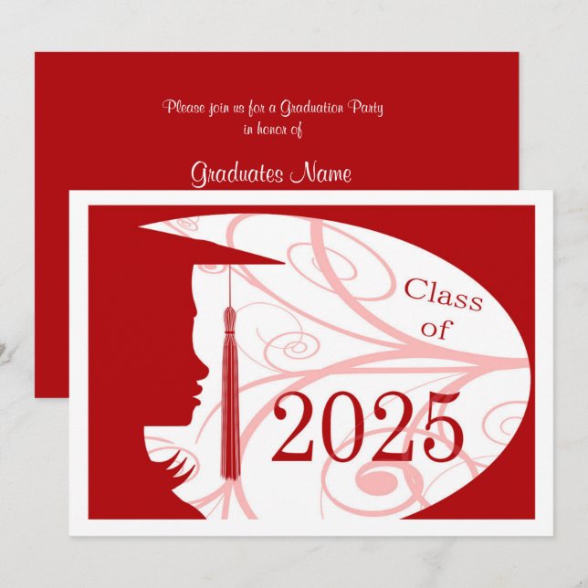 Invitation Silhouette rouge et blanche 2025 Graduation Party (Devant / Derrière)