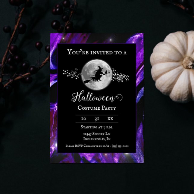 Invitation Silhouette sorcière violette Halloween Costume Par (Purple Witch Silhouette Halloween Party Invite)