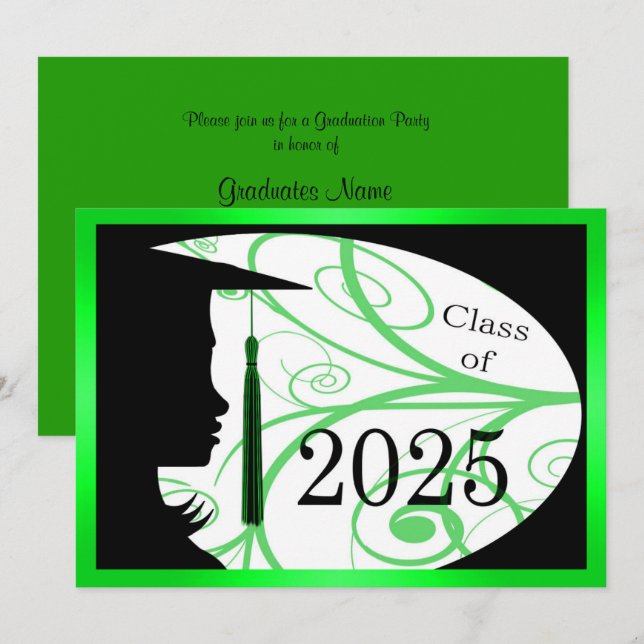 Invitation Silhouette verte et noire 2025 Graduation Party (Devant / Derrière)