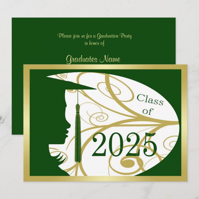 Invitation Silhouette verte et or 2025 Graduation Party (Devant / Derrière)