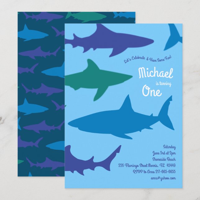 Invitation Silhouettes de requin mignonnes Enfants 1er annive (Devant / Derrière)