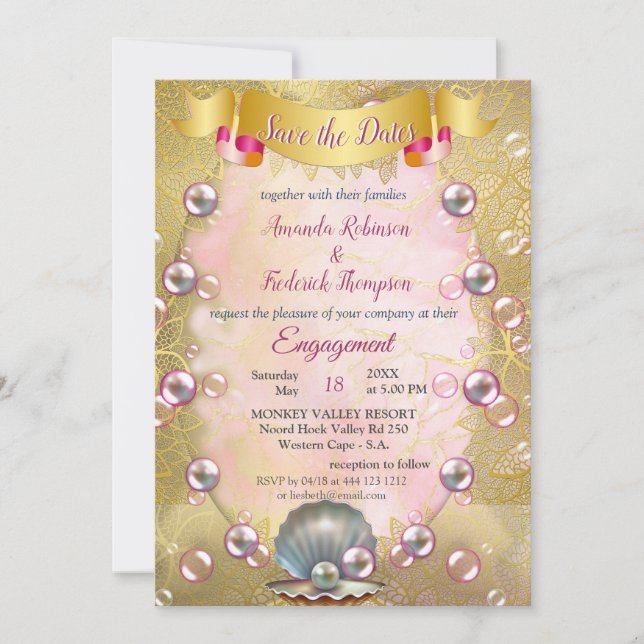 Invitation Silk ivoire, dentelle et perles d'or et marbre (Devant)