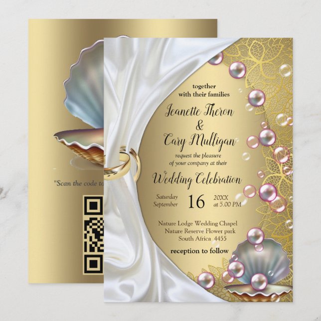 Invitation Silk ivoire, dentelle et perles d'or et marbre (Devant / Derrière)