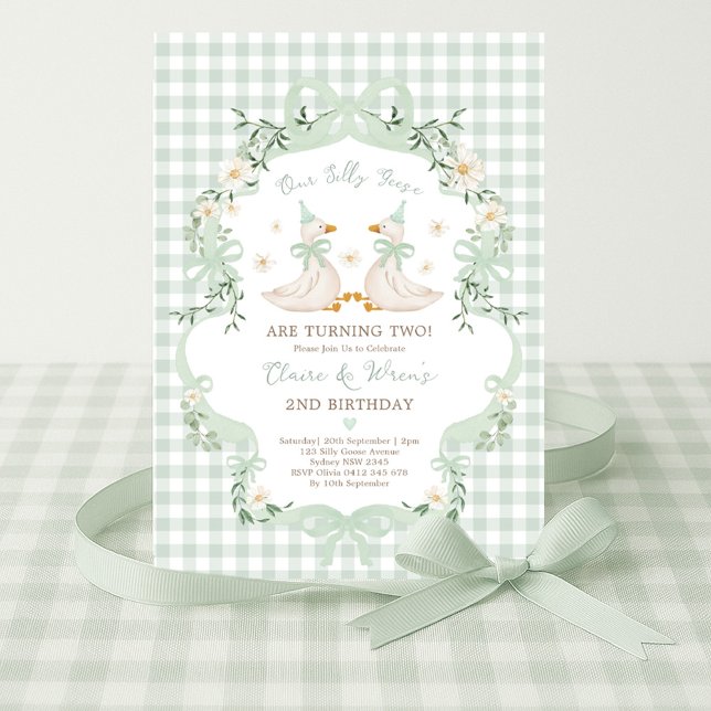 Invitation Silly Geese Twins Sage Green Bow Gingham Birthday (Créateur téléchargé)