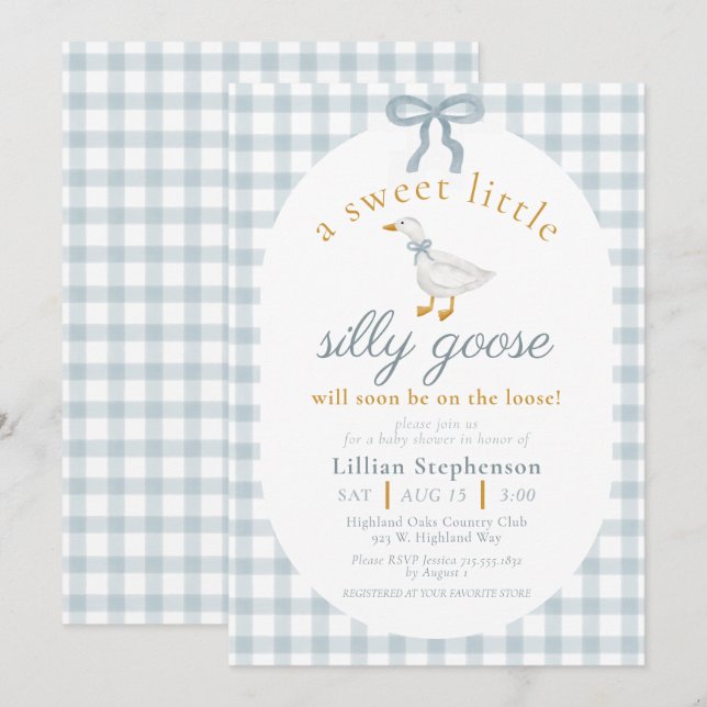 Invitation Silly Goose Blue Bow Duck Gingham Baby Shower (Devant / Derrière)