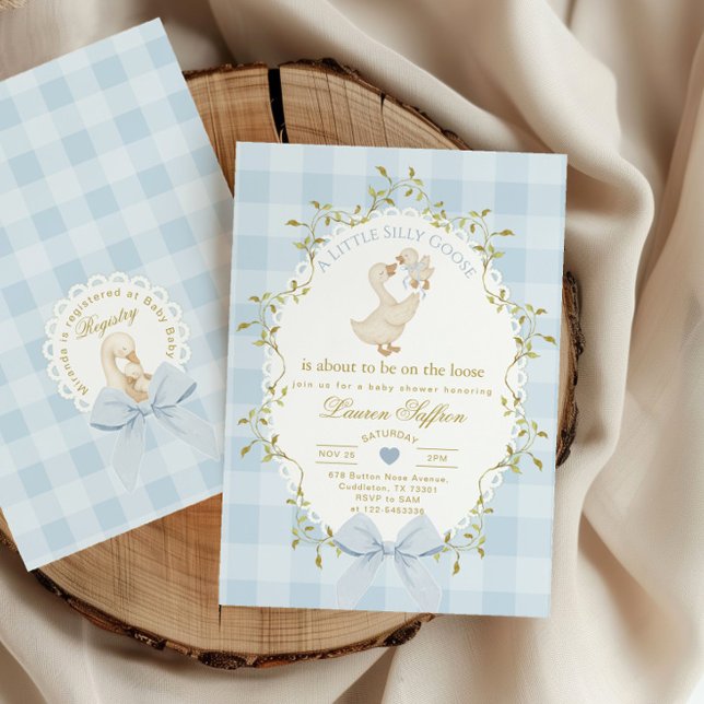 Invitation Silly Goose Blue Gingham Baby Boy Shower (Créateur téléchargé)