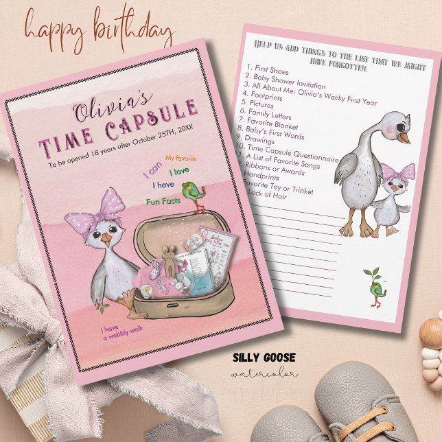 Invitation Silly Goose Pink Bow Birthday Time Capsule Game (Silly Goose Pink Bow Birthday Time Capsule Game Invitation)