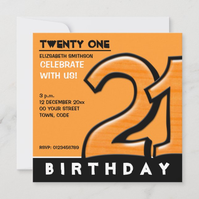 Invitation Silly Numéro 21 orange Anniversaire Fête Invitatio (Devant)