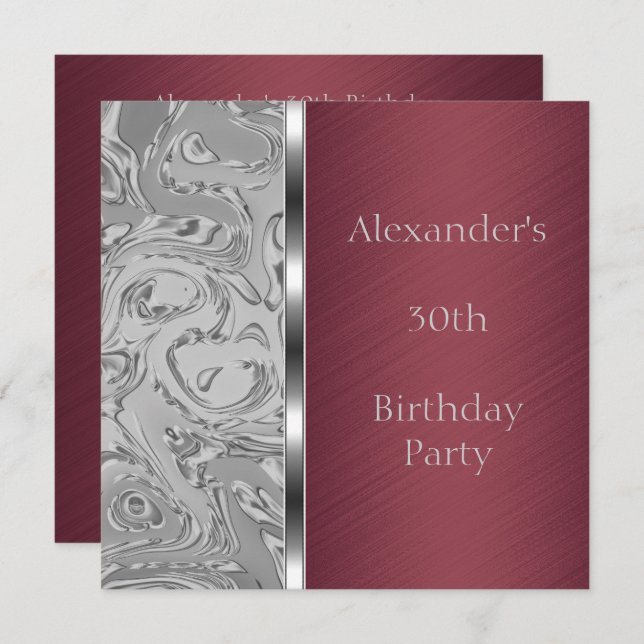 Invitation Silver Abstrait & Burgundy Birthday Event (Devant / Derrière)